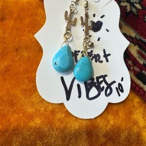 Turquoise Teardrop Cactus Charm Earrings - Unbranded